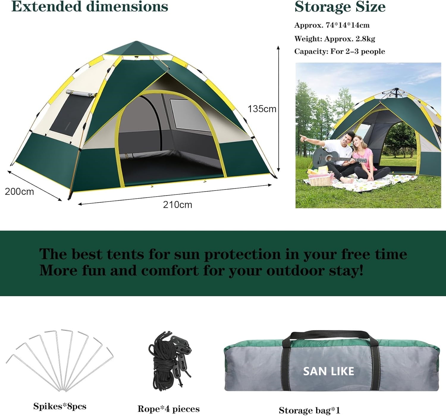 SAN LIKE Camping Tent 3/4 Person Tents for Family Camp Tent Waterproof Outdoor for Backpacking Hiking Easy Setup with Storage Bag,8 Ground ding,4 Windproof Rope (Green with Doors and Windows)
