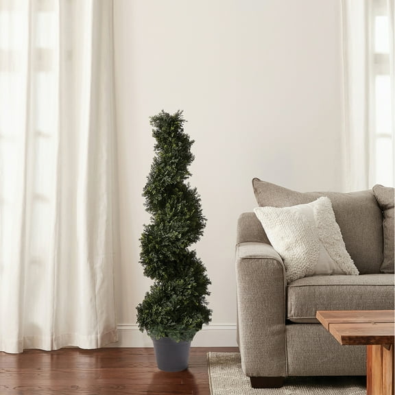 4-Foot-Tall Artificial Cypress Spiral Topiary Tree- Potted Indoor or Outdoor UV Protection