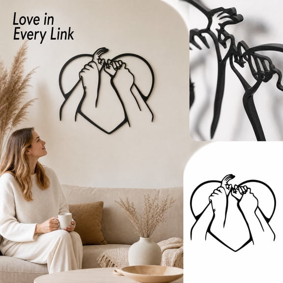 Black Art Wall Decor Pink Promise Hands Heart Wall Decor 12 Inch Metal Line Art Home Accent for Bedroom Living Room Family Display, 1 Pack