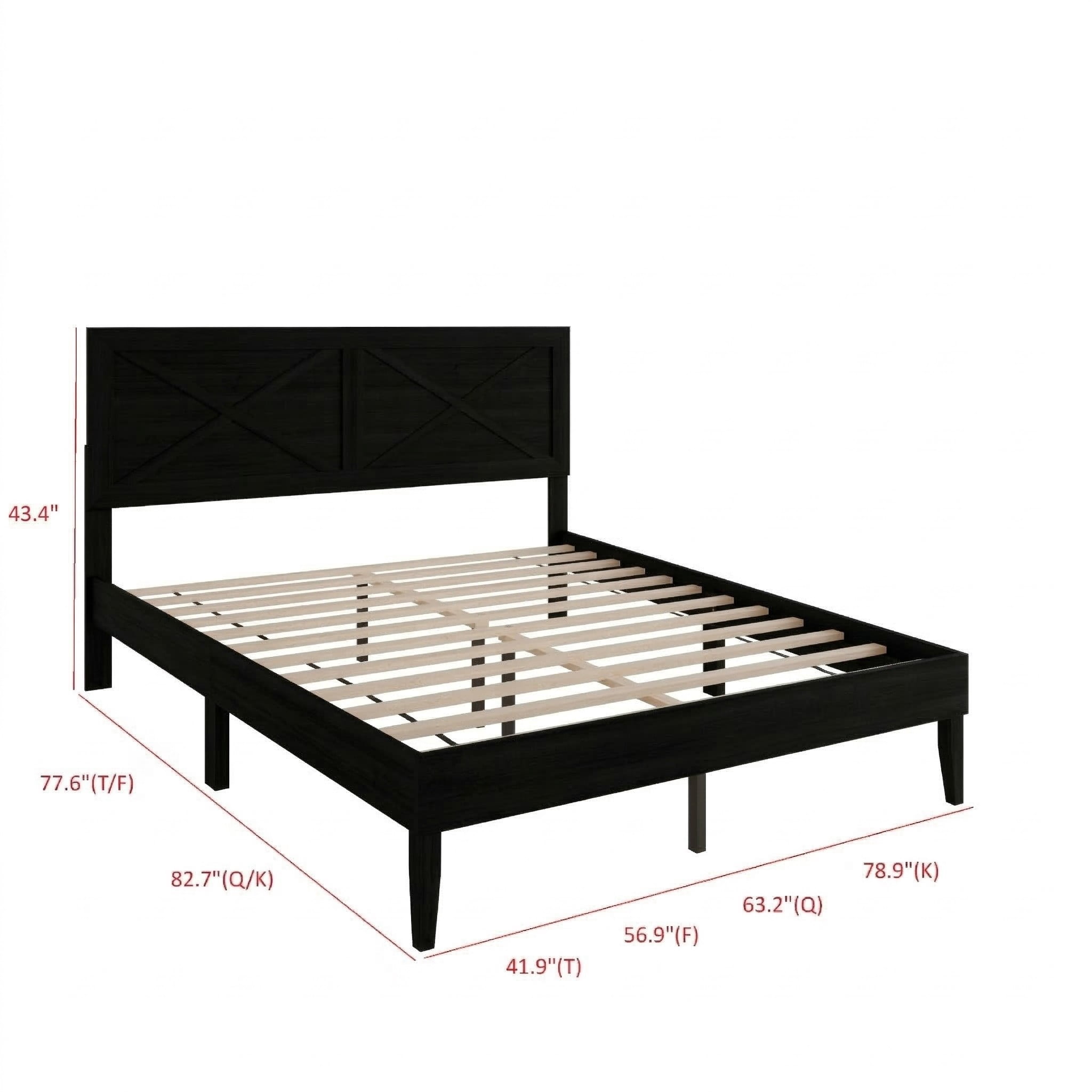 Home Design Oxnard Full Solid Wood Platform Bed Frame with X-Pattern Headboard and Full Slat Support System, Black