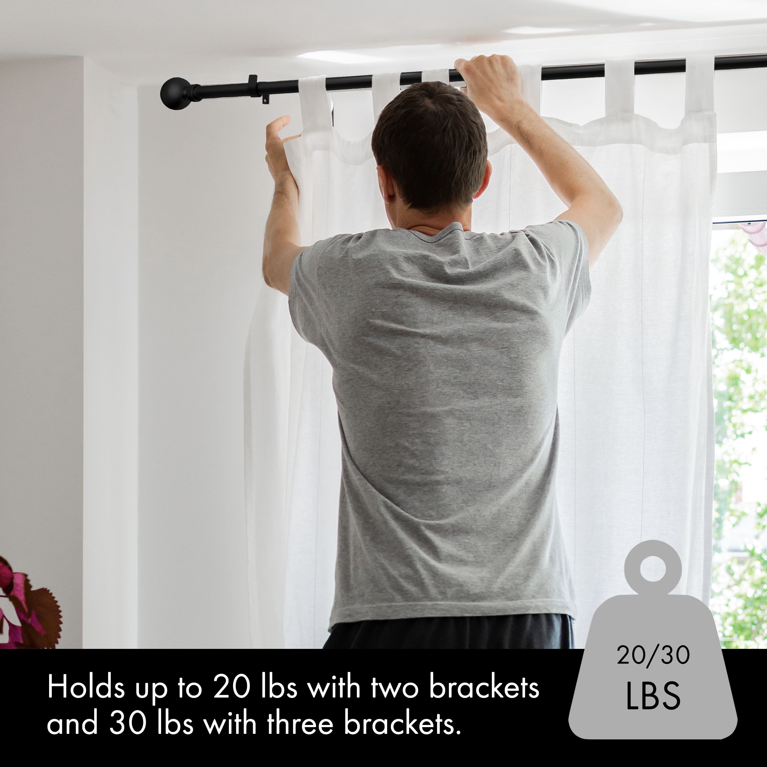 MERIVILLE 1" Single Curtain Rod Set, Adjustable 84–120 Inches, Ball Finials, Black