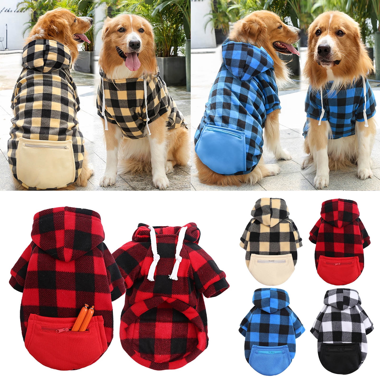Small Dog Sweatshirt Hoodie Plaid Dog Hoodie Pet Clothes Sweater with Hat and Pocket for Small Medium Large Size Dogs Soft Winter Warm Dog Cold Weather Coat Fall Dog Hooded Sweatshirt
