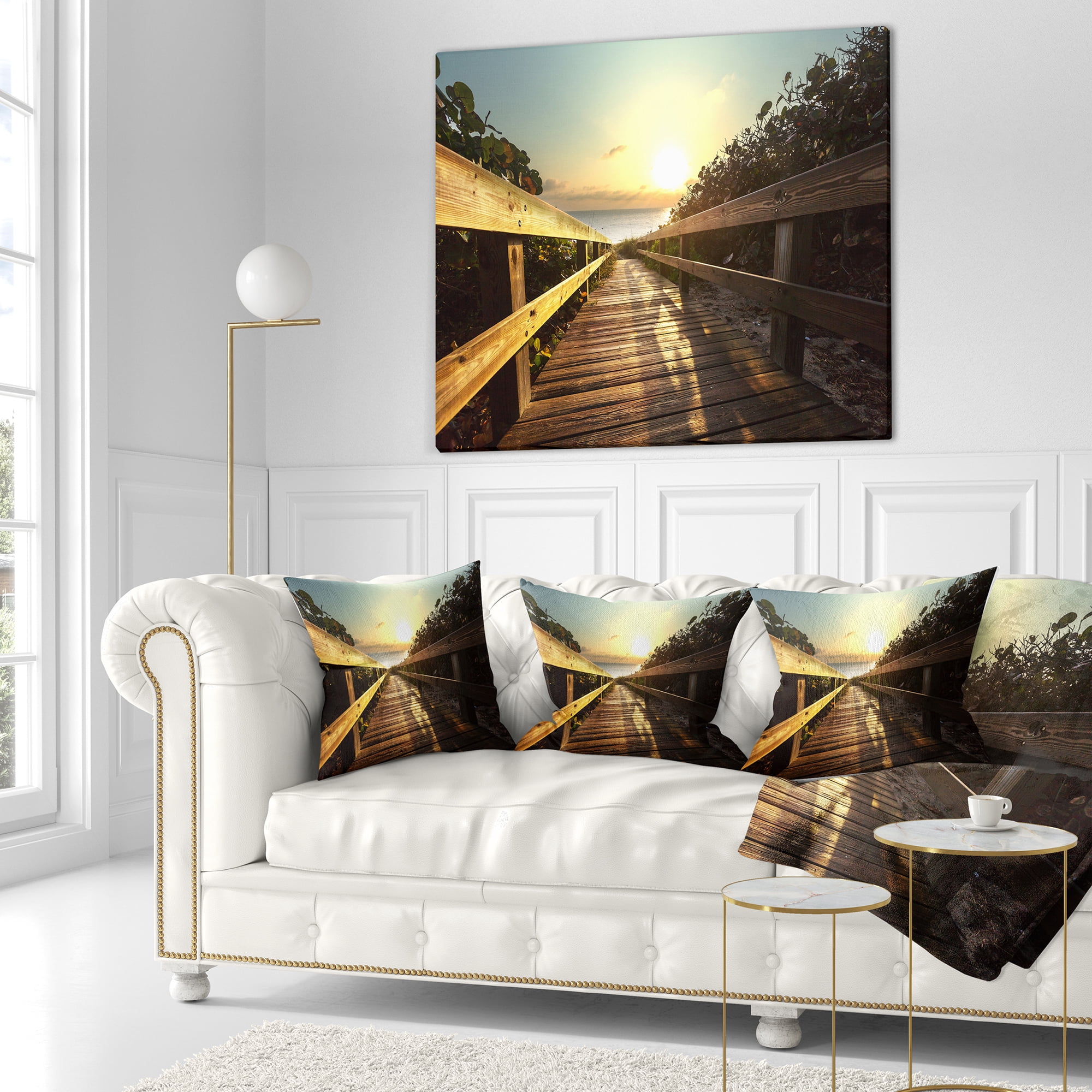 Designart Wood Boardwalk into the Sunset Sea - Bridge Throw Pillow - 16x16