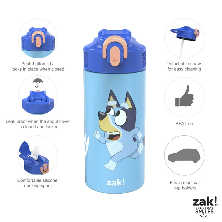 Zak Designs Bluey Double-Wall Vacuum Insulated, Stainless Steel Kids Mesa Water Bottle with Flip-Up Straw Spout and Locking Spout Cover, Durable Cup