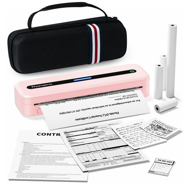 impresora térmica portátil inalámbrica phomemo m832 usb bluetooth impresora rosa, vista frontal centrada; unidad rectangular rosa con ranura de salida y LED azul, hoja térmica impresa con formularios saliendo; cuatro rollos de papel térmico de distintos diámetros y estuche negro con asa. Conectividad Bluetooth y USB-C para impresión móvil, adecuada para recibos, contratos y notas de viaje; a menudo usada también para imprimir listas y comprobantes en movimiento.