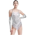 thumbnail image 1 of RUNQHUI Robe de Danse à Paillettes Brillantes à Franges pour Femmes Costume de Danse Latine Jazz Justaucorps à Franges et Gants Argent G, 1 of 7