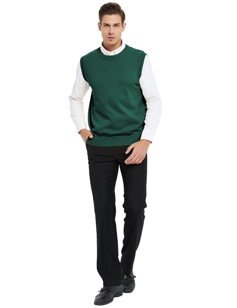 Toptie Men's 100% Cotton Knit Sweater Vest, Crew Neck Solid Color