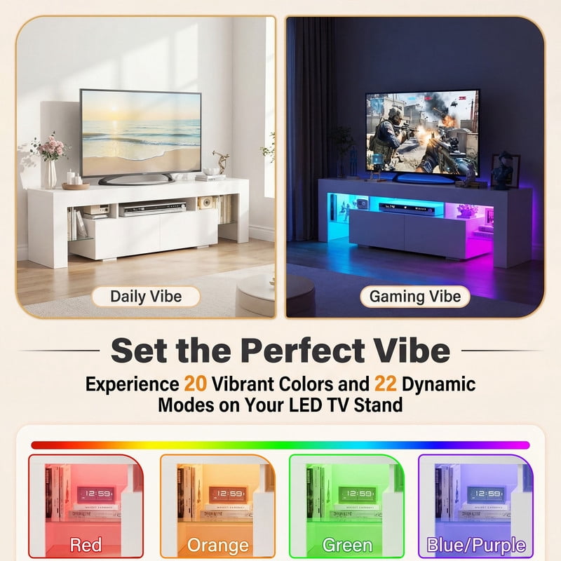 Lacoo 70" LED TV Stand for 70 Inch TV, Modern Media Console with 2 Extra Deep Drawers and RGB Light Strip, Gaming Entertainment Center with Open Glass Shelves