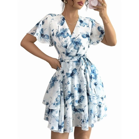 Womens Summer Dresses Floral V Neck Ruffled Hem Spaghetti Spring Casual Beach Outfits Flowy Wrap Sun Dress Blue S