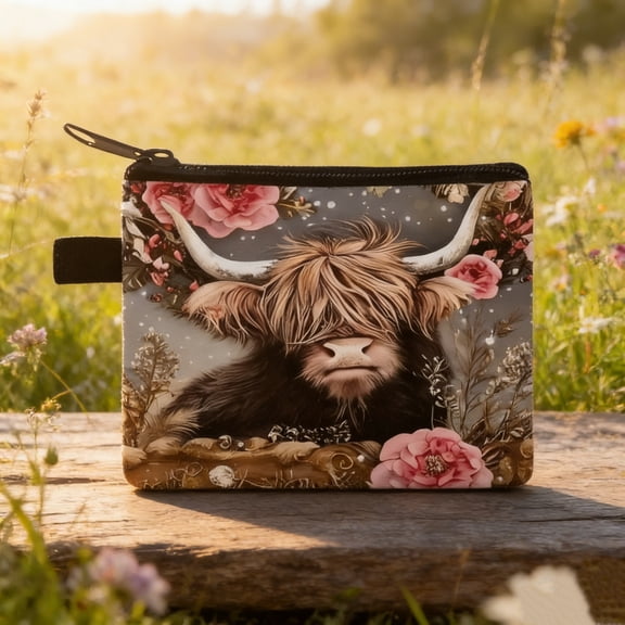 Highlands Cow Coin Purse, Polyester Card Holder Minimalist Fashionable Change Purse Small Zipper Pouch for Cash, Cards, Keys