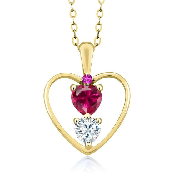 18K Yellow Gold Plated Silver Red Created Ruby White Moissanite and Pink Sapphire Pendant Necklace for Women (0.84 Cttw, Gemstone July Birthstone, Heart 5MM and 4MM, with 18 inch Silver Chain)