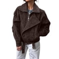 thumbnail image 2 of Women's Suede Lapel Motorcycle Jacket, Batwing Sleeve Short Style Coat, Ribbed Trim Belted Outerwear, Casual Zippered Jacket with Pockets, Spring Streetwear Fashion, Oversized Comfort Top Bronze L, 2 of 8