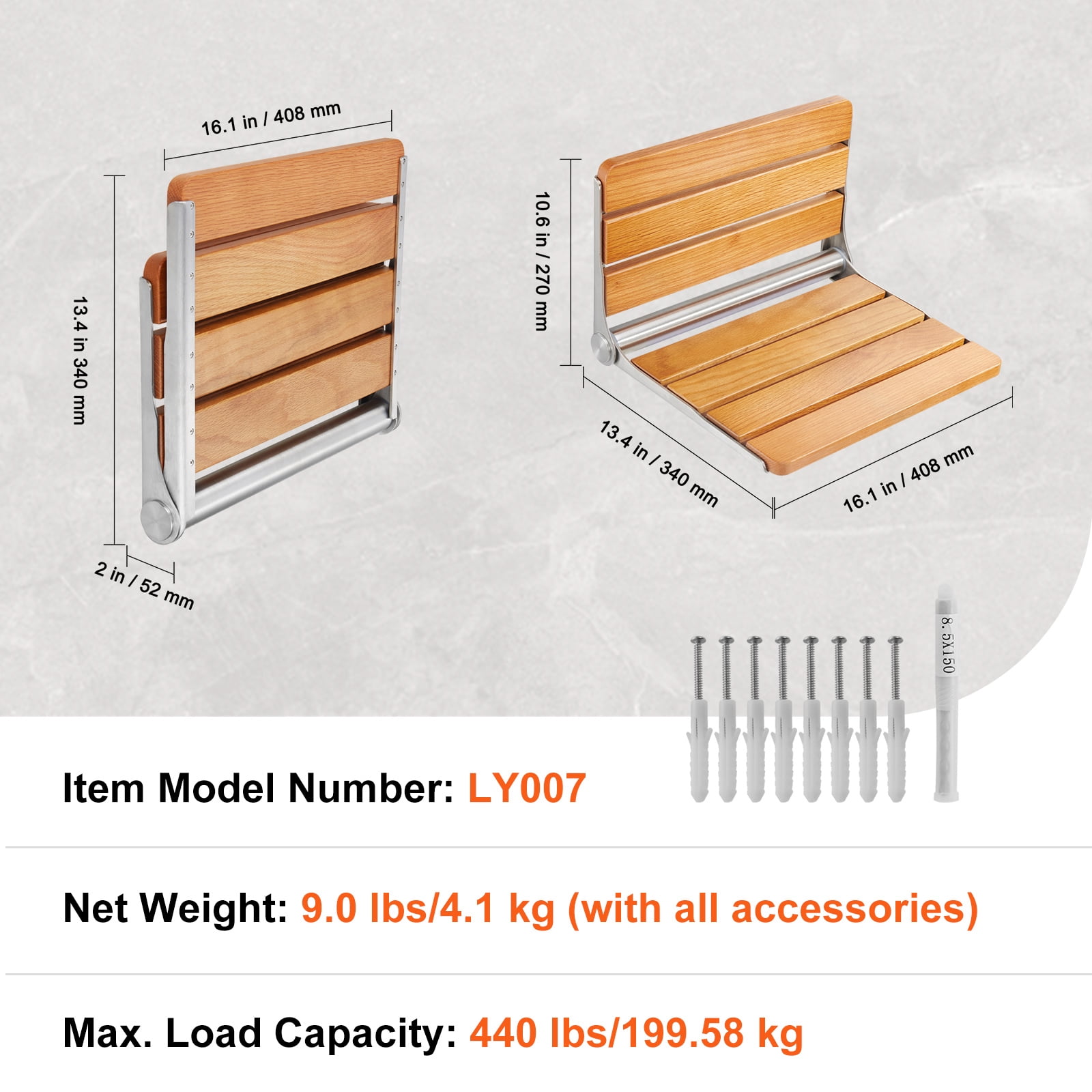 KFFKFF Oak Shower Bench, Wall Mount, 16.1" x 13.4", Folds Up, 440 lbs Capacity, Compact Design for Elderly, Pregnant, Kids