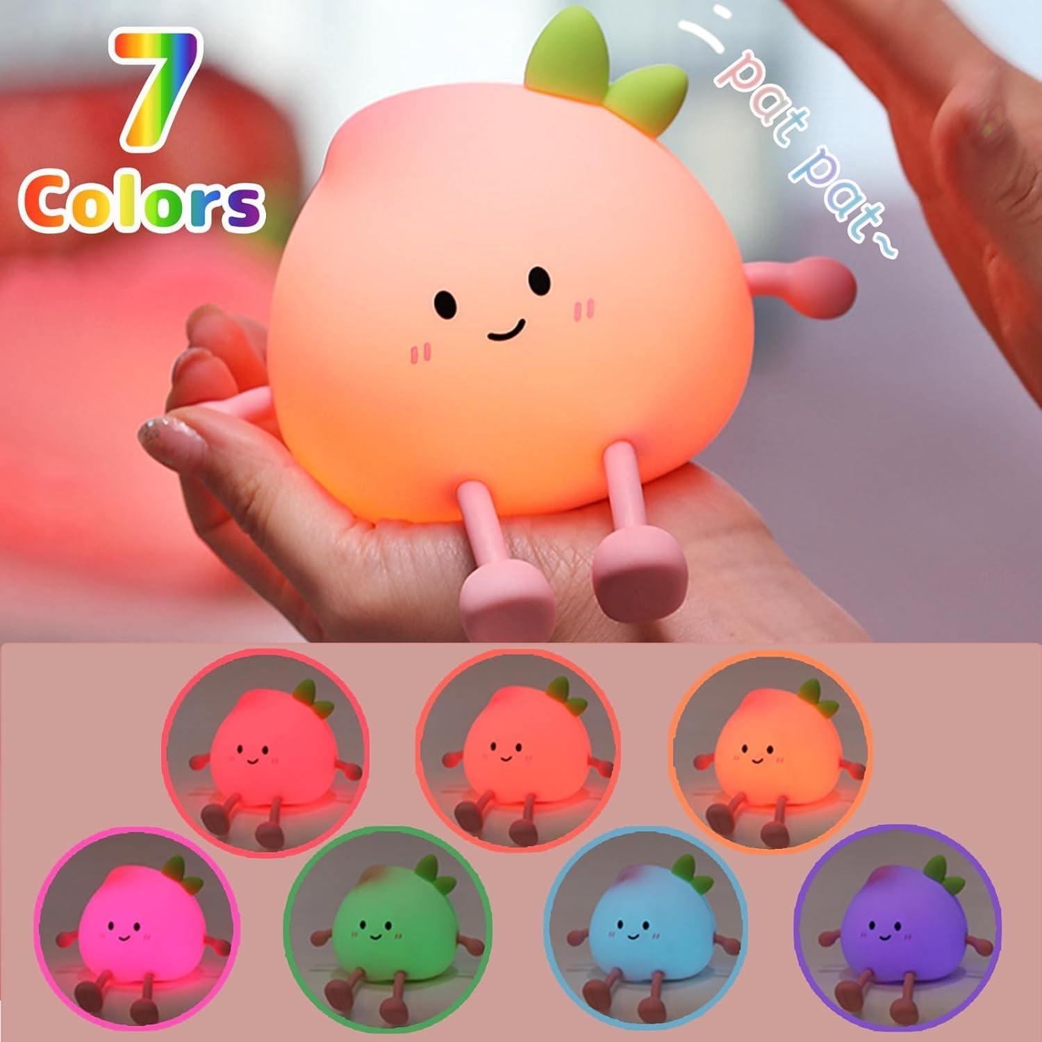 Night Light for Kids, Cute Peach Soft Silicone Nursery Light, 7 Colors & 3 Level Warm Light, Rechargeable Touch Pat Lamp, Bedside Baby Night Light Gift for Kids (Multicolour)