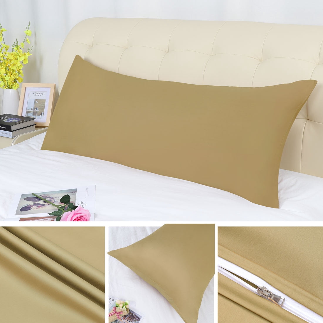 Unique Bargains Egyptian Cotton Zipper Long Body Pillow Cover Camel Color 20" x 72"