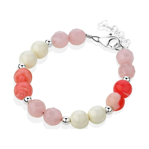 Gemstone baby girl bracelet with pink quartz and marble, keepsake newborn jewelry gift (B1909)