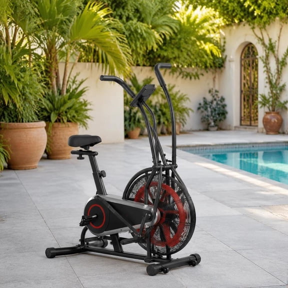 Upright Exercise Bike, air resistance system, full body workout, LCD monitor, 4-way adjustable seat