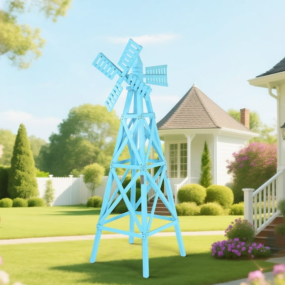 UBesGoo 5.95' Cross Lattice Wooden Windmil Garden Decor for Yard, Wooden Windmill for Patios, Blue