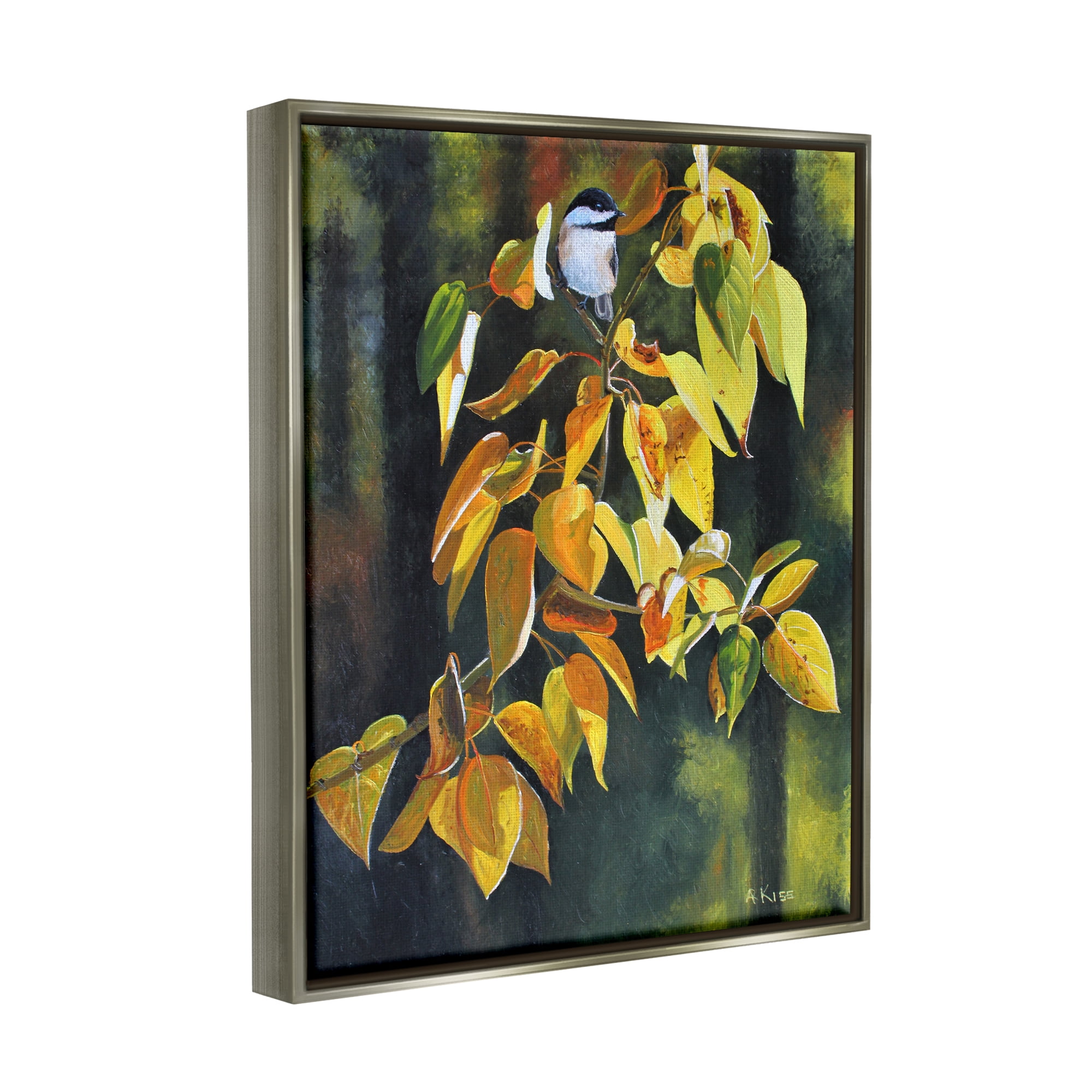 Stupell Industries Bird on Autumn Branch Botanical & Floral Painting Gray Floater Framed Art Print Wall Art, 17 x 21