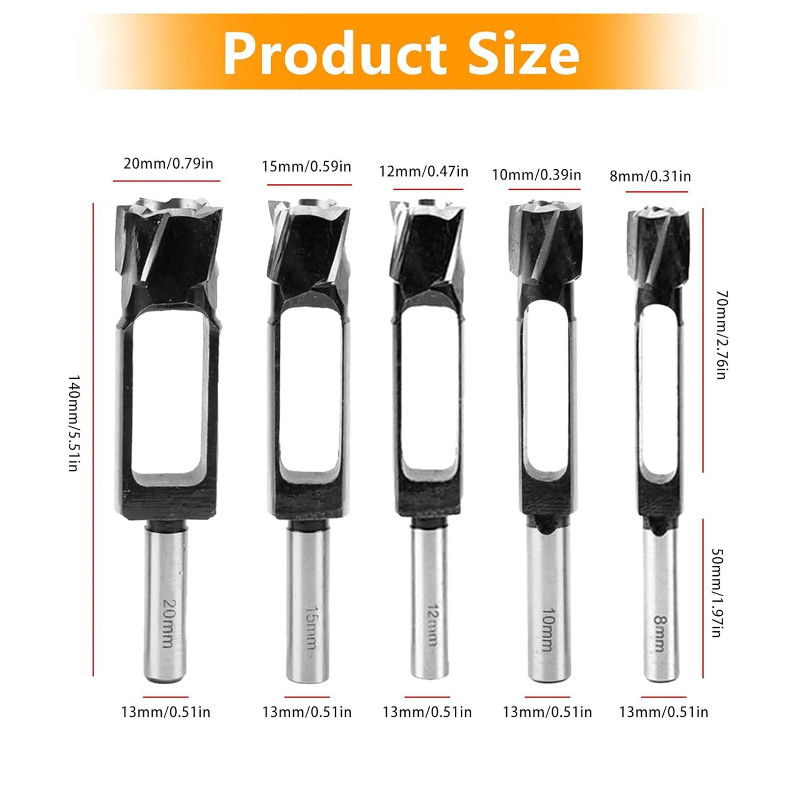 Wood Drill Bit Set - 8/10/12/15mm, Tenon Dowel Cutter, High Carbon Steel, 13mm Shank, For Woodworking & Furniture Making Silver 20mm