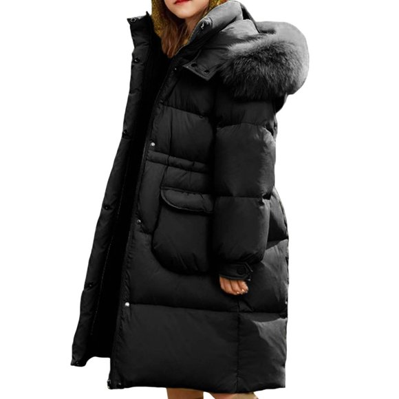 ZACPNCV Girls Winter Long Puffer Coats Down Thicken Warm Quilted Jacket Mid-Length with Side Zipper and Hood Outerwear Black 15-16 Years