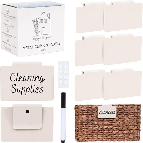 Metal Non-Slip Basket Labels Clip On for Storage Bins, or Wire Racks | Includes 8 Labels, Pads, and 1 Free Marker (Cream)