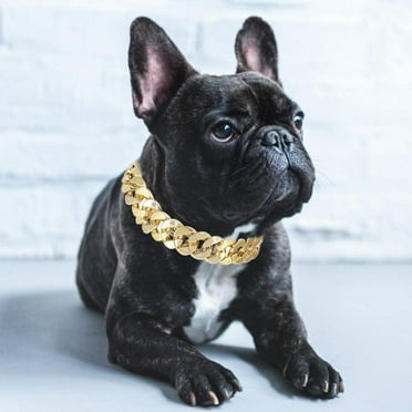 Walbest Gold Chain Dog Collar Pitbull Collar Necklace Link Chain Collar for Small Medium Dog Puppy Jewelry Costume Accessories for Teddy French Bulldog, Adjustable 14.17" - 16.54"