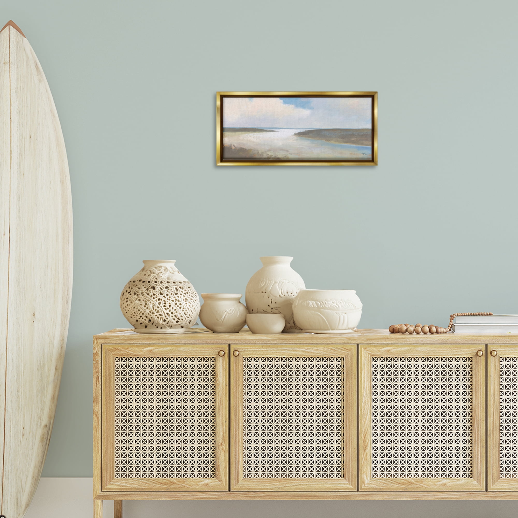 Stupell Industries Soft Coastal Shore Nautical & Beach Painting Gold Floater Framed Canvas Art Print Wall Art, 25 x 11