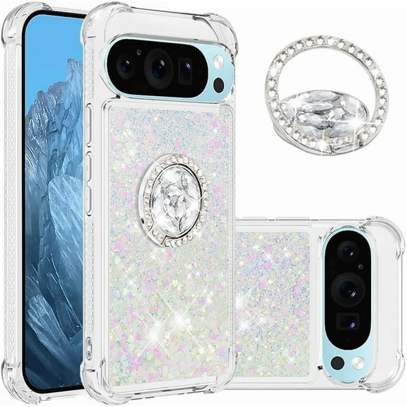 Case for Google Pixel 9, Google Pixel 9 Case Glitter with Ring Holder Stand,Clear TPU Cute Love Moving Quicksand Sparkle Shockproof Liquid Phone Case for Google Pixel 9/9 Pro Colorful YBZ