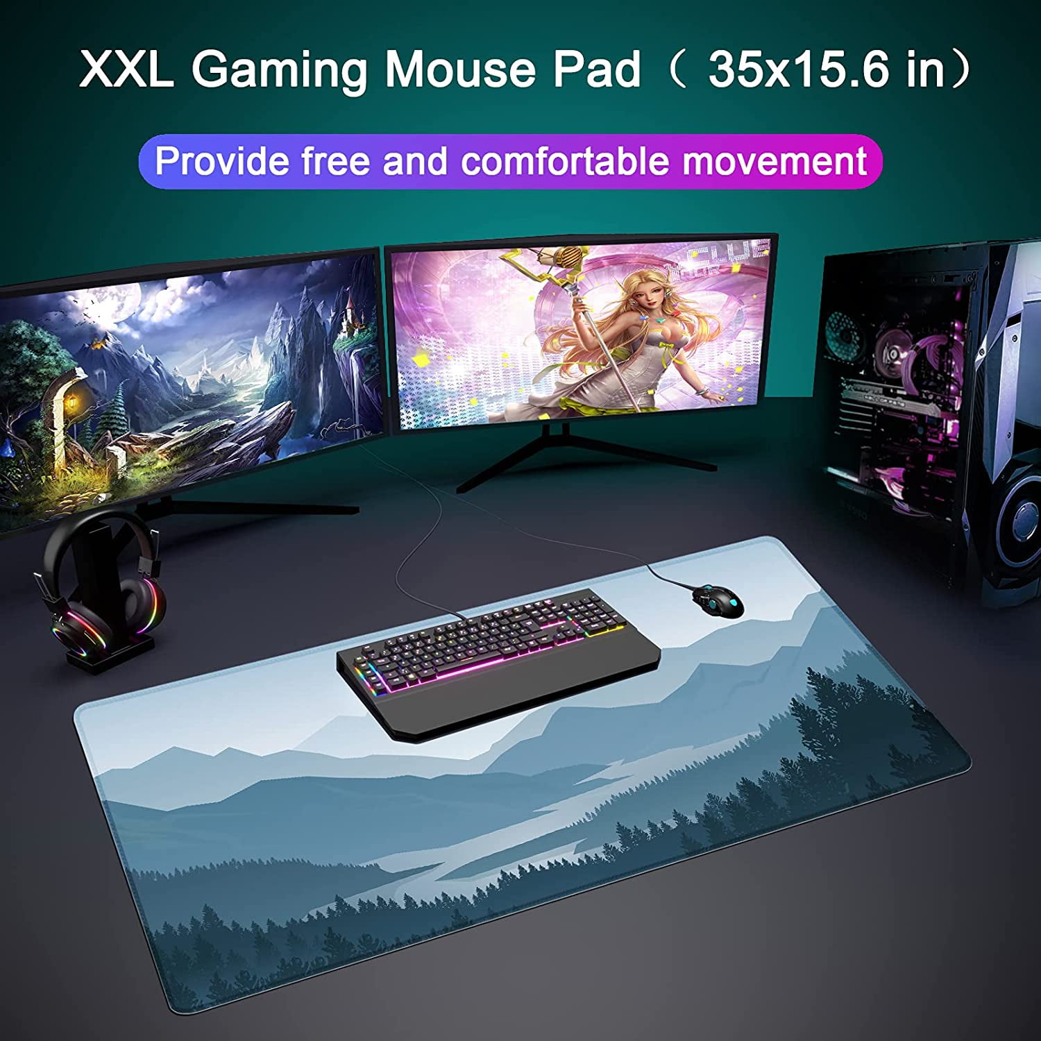 Desk Mat,Large Mouse Pad 35''×15.6'' XXL Extended Gaming Mouse Pad Mat with Non-Slip Base Stitched Eges Mousepad for Computer,Office,Keyboard and Laptop - Vector Mountain