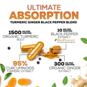 Turmeric Curcumin Supplement - 95% Curcuminoids with Organic Turmeric & Ginger, BioPerine Black Pepper Extract for Best Absorption, Natural Vegan Joint Support, Non-GMO, Bottled in USA - 60 Capsules