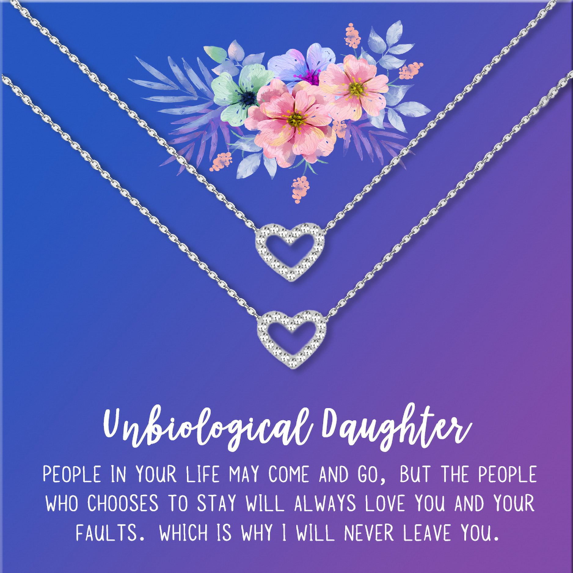Anavia Unbiological Daughter Jewelry, Step Daughter Necklace Gift, Bonus Daughter Birthday Card Gift, Mother Daughter Set Necklace-[Two Silver Mini Crystal Heart, Blue-Purple Gift Card]