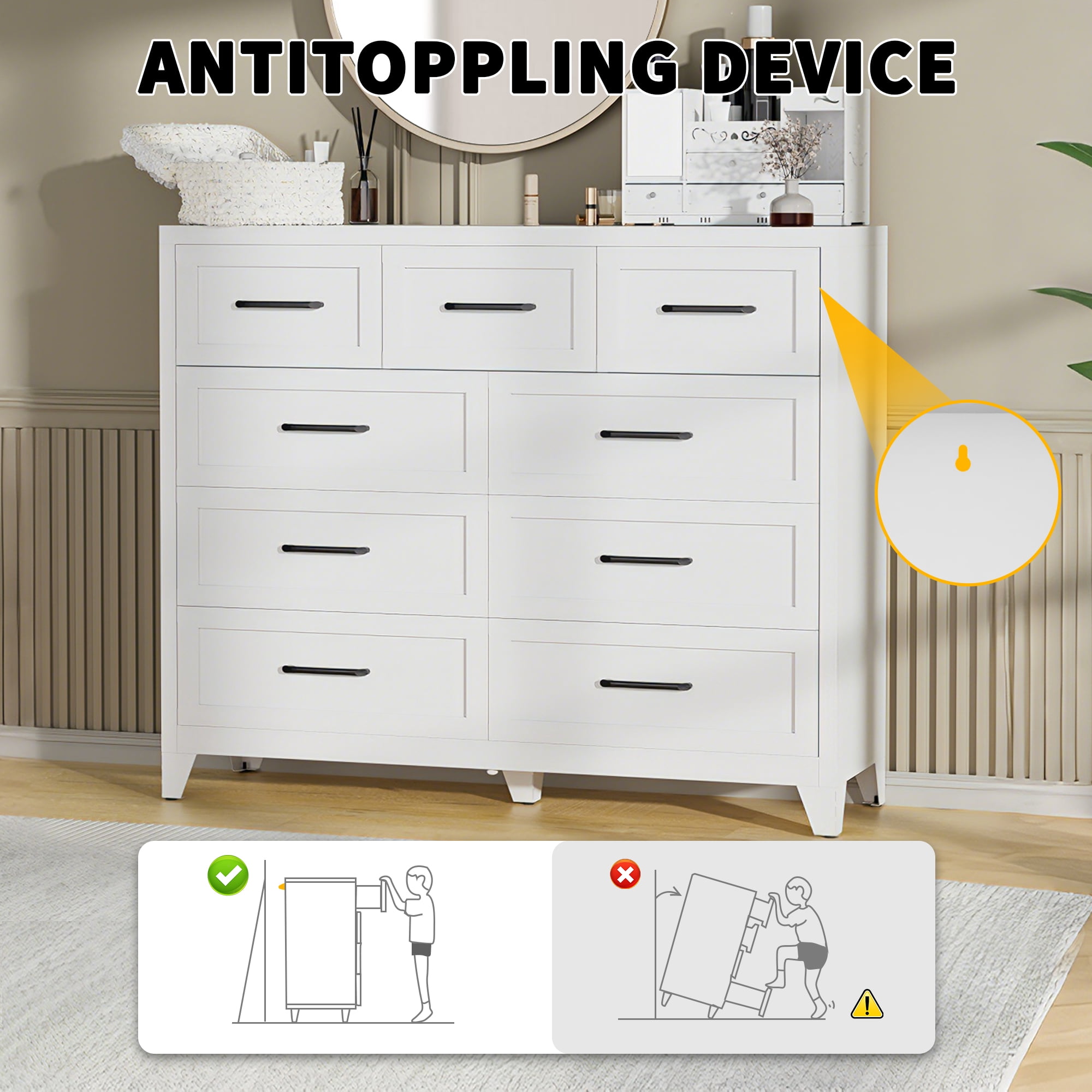 Aukfa 9-Drawer Tall Metal Dresser, Steel Storage Cabinet, Space Saving Chest of Drawers with Smooth Gliding Tracks