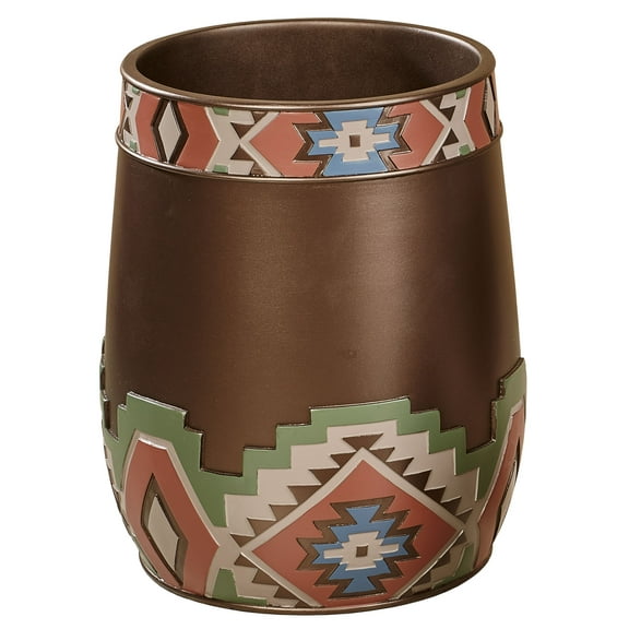Valley View Wastebasket Multi Warm , Hand-painted, Made of Resin, shades of sage, chocolate, sand, russet, and indigo 10 Inches High