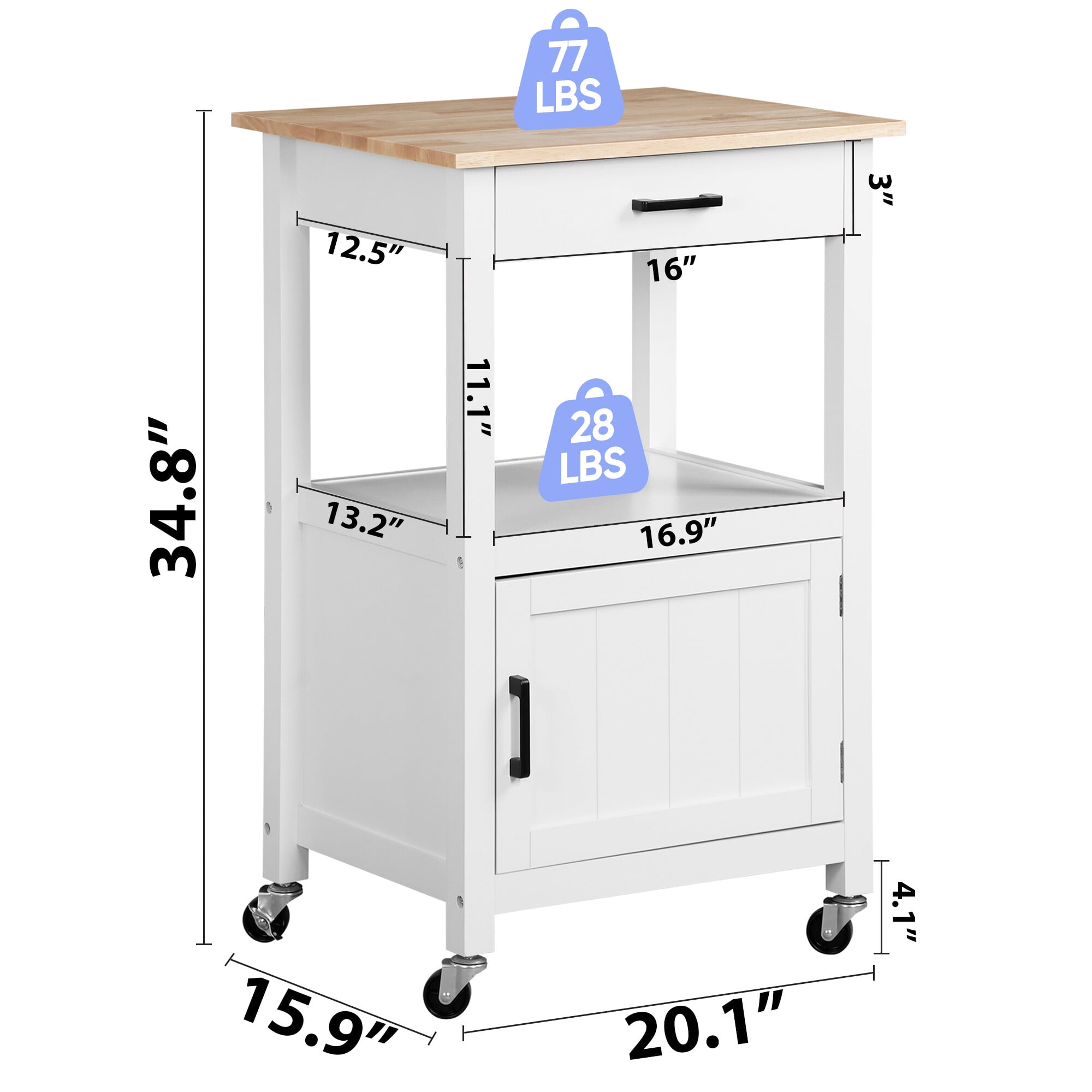 HomGarden 20" Kitchen Island Cart on Wheels  W/Drawer & Cabinet & Towel Rack White