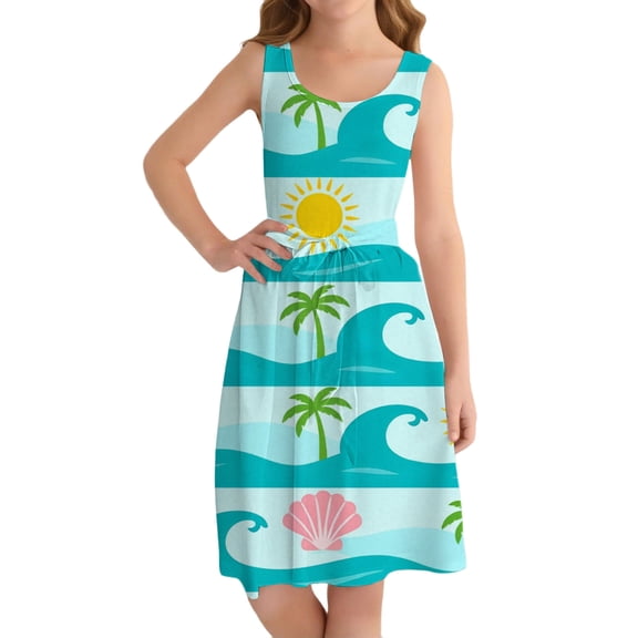 Ruyang Teen Girls Hawaiian Tank Dresses Cartoon Print Crewneck Loose Sleeveless Sundress Summer Casual Lightweight Beach Dresses
