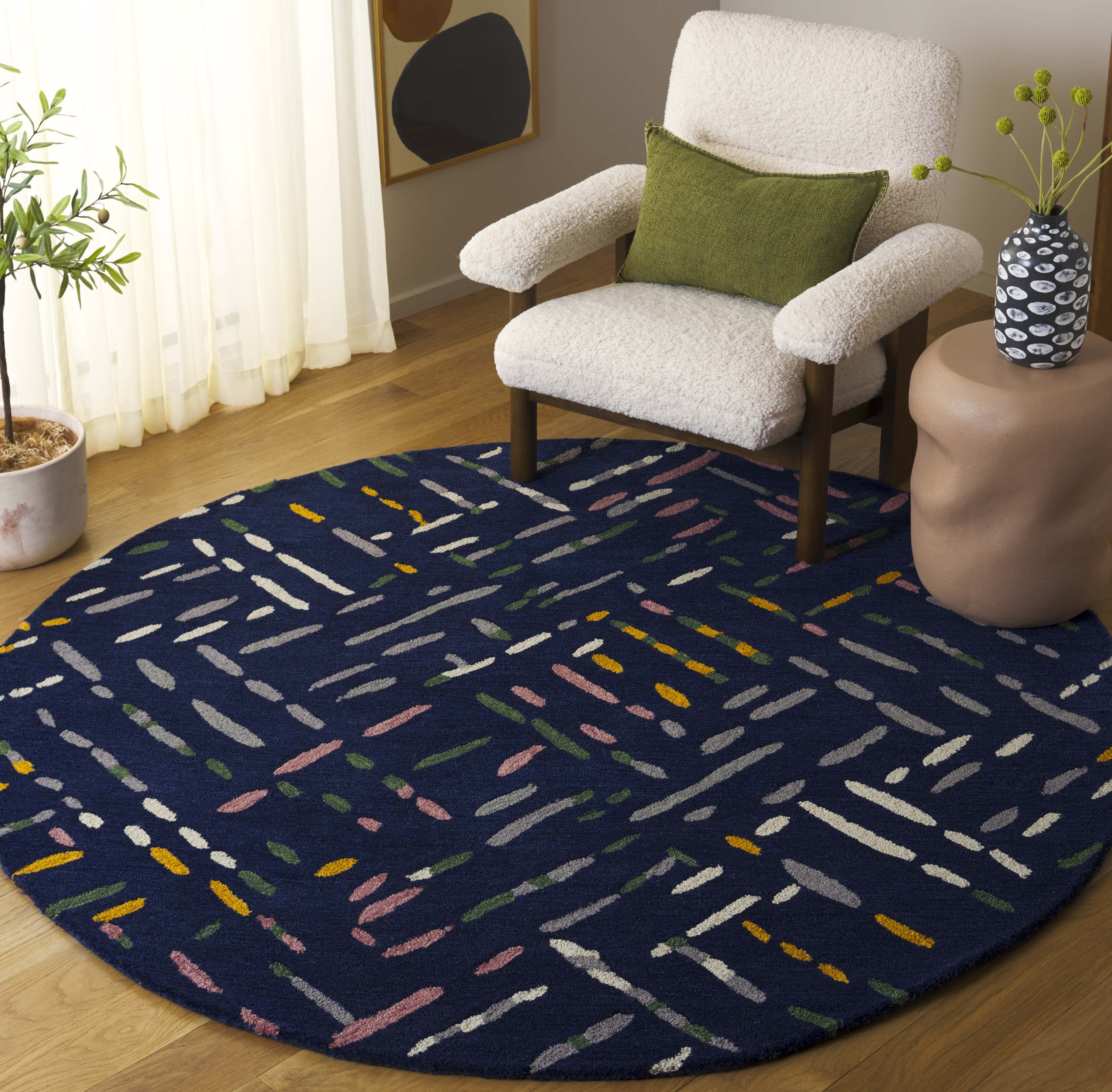 SAFAVIEH Metro Rodina Geometric Striped Area Rug, Navy/Pink, 6' x 6' Round