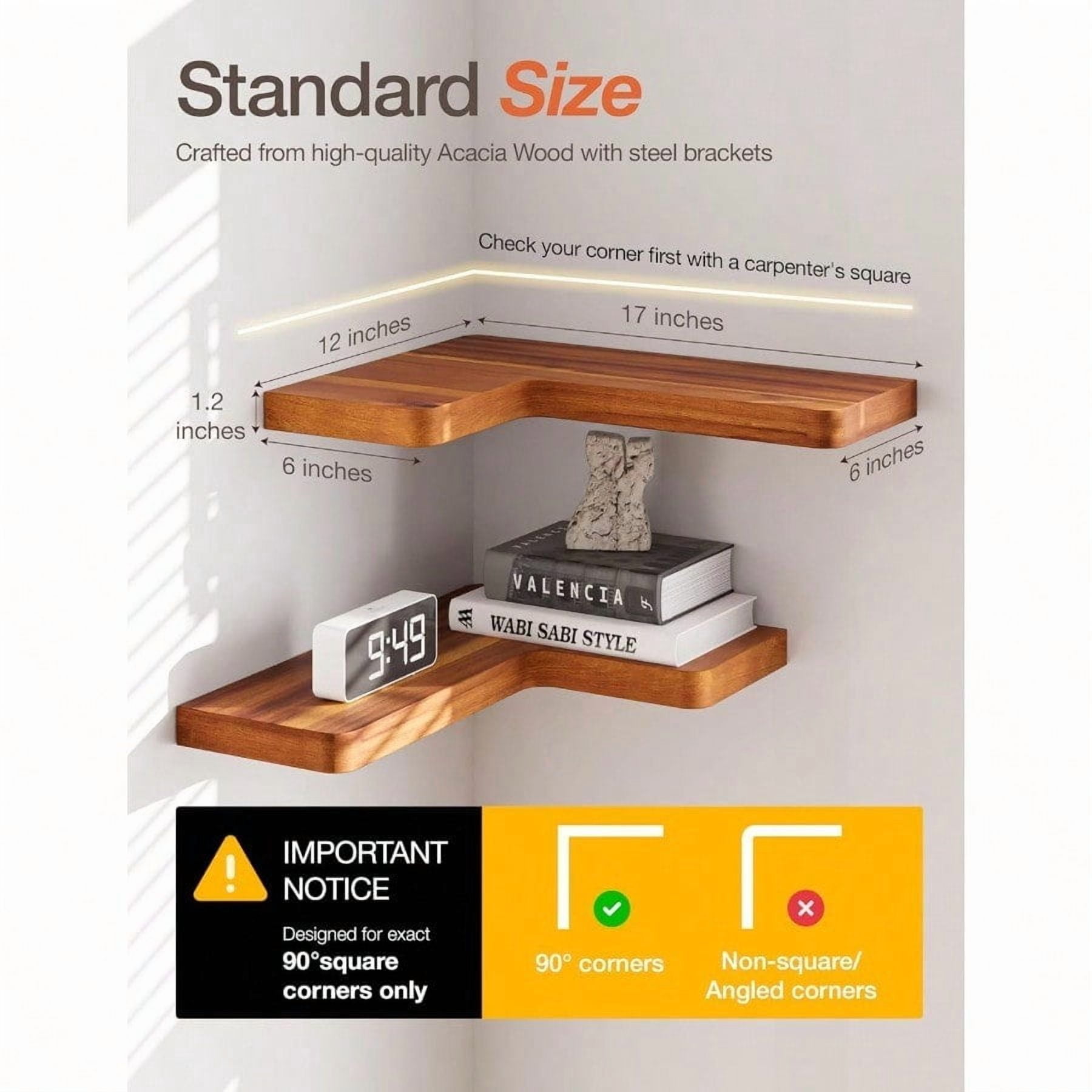Acacia Wood Corner Floating Shelves 17 X 12 Corner Shelf Wall Mounted Floating Book Shelves For Wall Brackets And Shelving Hardware Included For Kitchen Living Room Bathroom Set 2