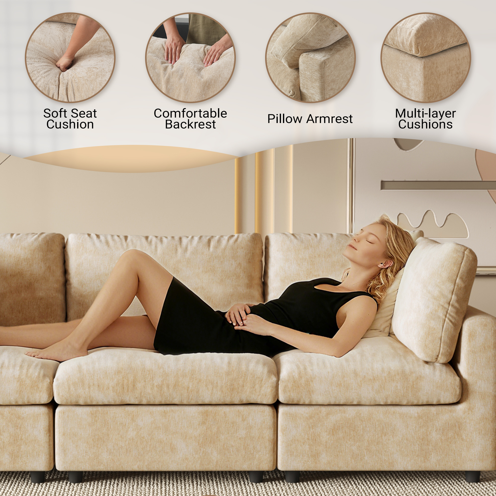 Magic Home Modern Chenille Movable Ottoman, Modular Sectional Sofa