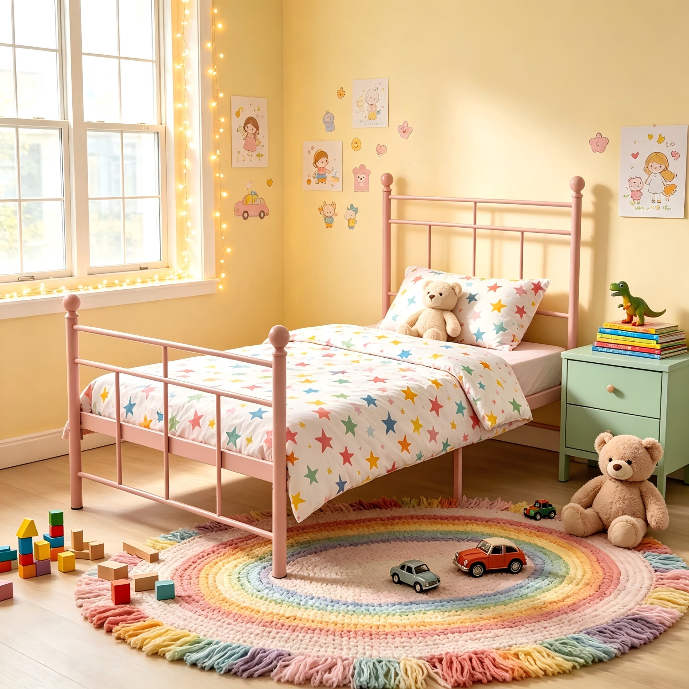 GDF Studio 78.5" Twin Heavy-Duty Metal Platform Bed with Sturdy Support Slats, Pink