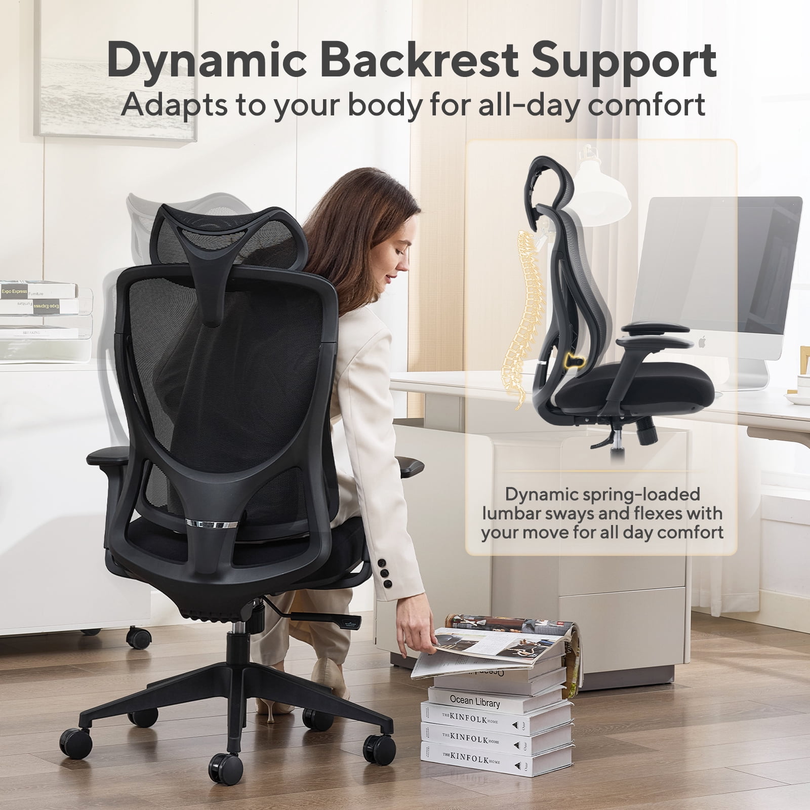 Nouhaus Apertura Ergonomic High Back Office Chair, Mesh Desk Chair with 3D Armrests and Dynamic Lumbar Support, Black