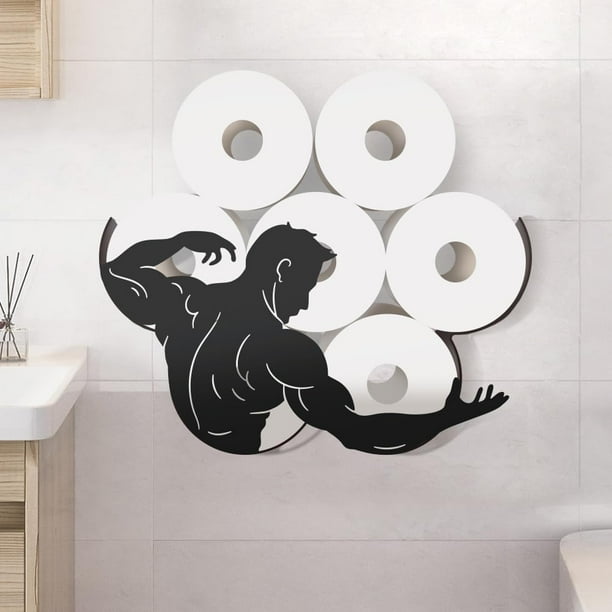 Portarrollos de papel higiénico negro con diseño de hombre musculoso, organizador de papel higiénico con encanto.