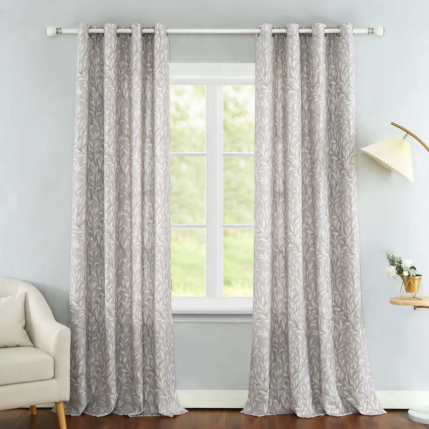VOGOL Leaves Printed Decorative Farmhouse Window Treatments, Light Filtering Draperies for Bedroom Home Office, W52"xL96", One Panel, Grey