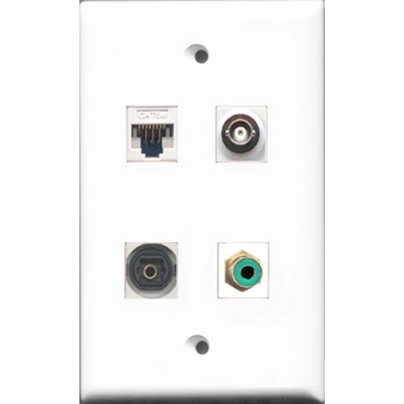 RiteAV - 1 Port RCA Green and 1 Port Toslink and 1 Port BNC and 1 Port Cat5e Ethernet White Wall Plate