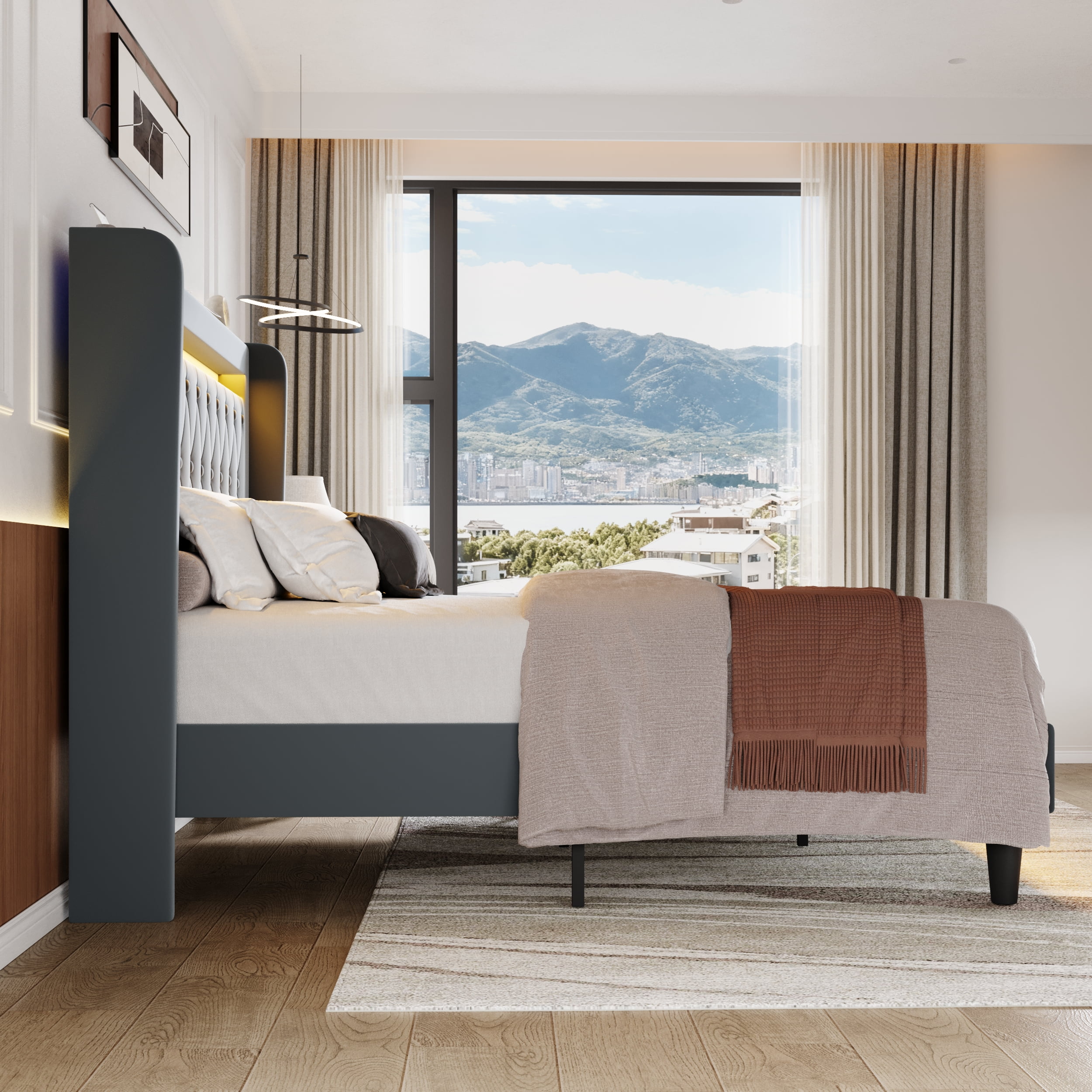 Amolife Queen Size LED Bed Frame, Upholstered Velvet Platfrom Bed with Charging Station, High Wingback Headboard & 2 Lights, No Box Spring Needed, 900 LBS Capacity, Gray
