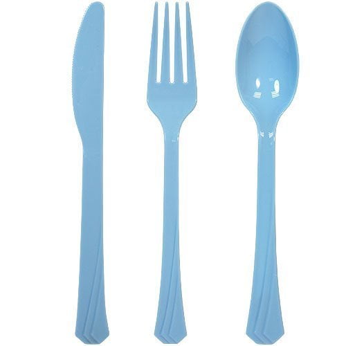 Tiger Chef Plastic Cutlery Set Heavy Duty Colored Plastic Silverware - Includes 96 Forks, 96 Teaspoons, and 96 Knives (Light Blue, 288)