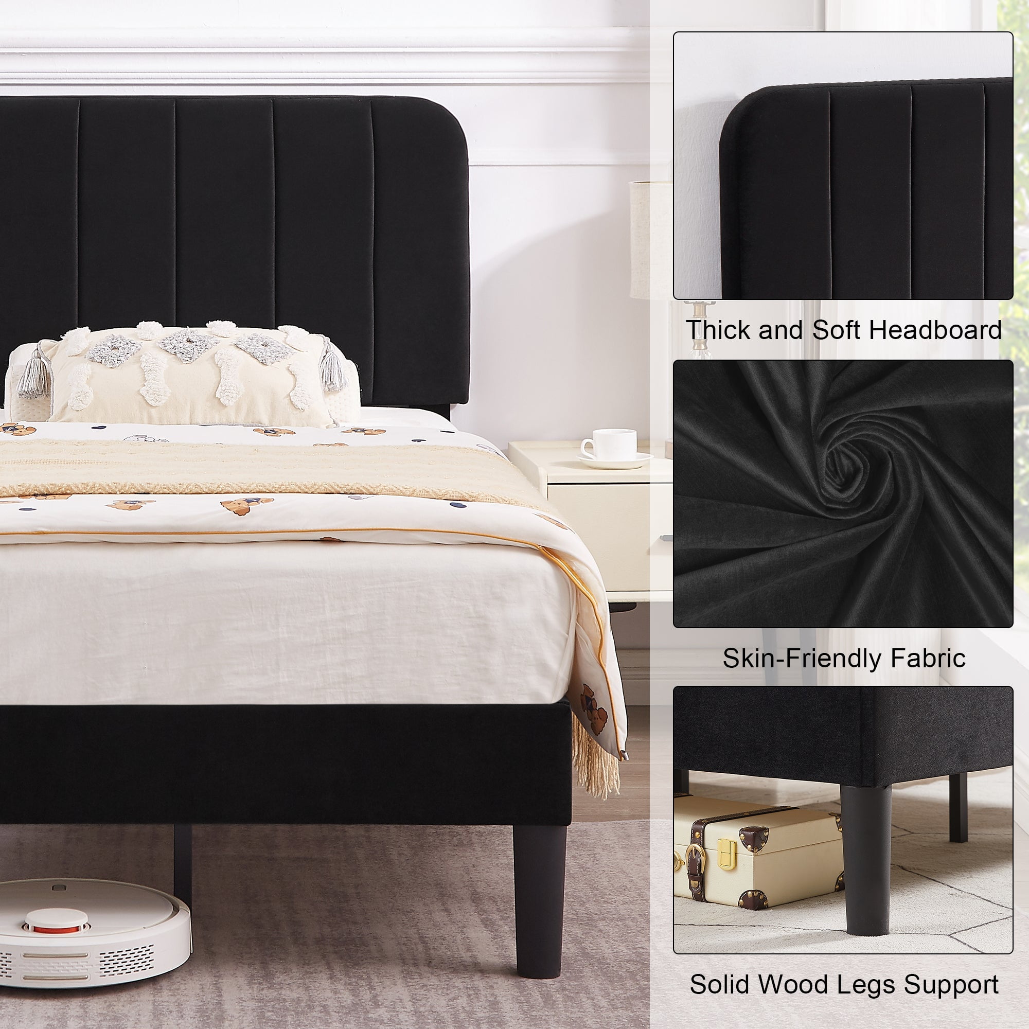 VECELO Queen Size Bed Frame, Modern Upholstered Platform Bed Frame with Adjustable Headboard, Wooden Slats Support/No Box Spring Needed, Black