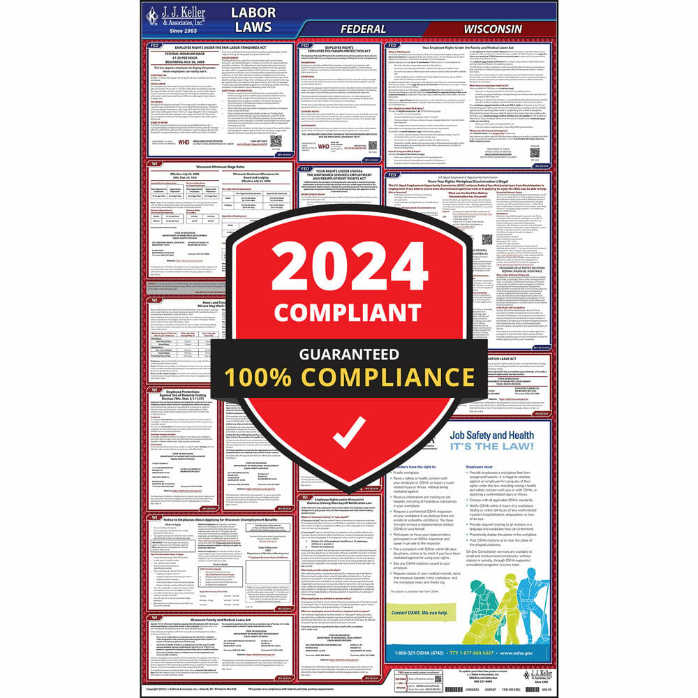 2024 Wisconsin Labor Law Poster, All-in-One Compliant WI State & Federal Laminated Poster (24" x 40" English)