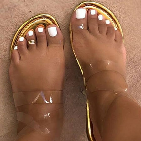 

YTJX Women Fashion Clip-Toe Transparent Strap Sandals Roman Flat Sandals Ladies Shoes