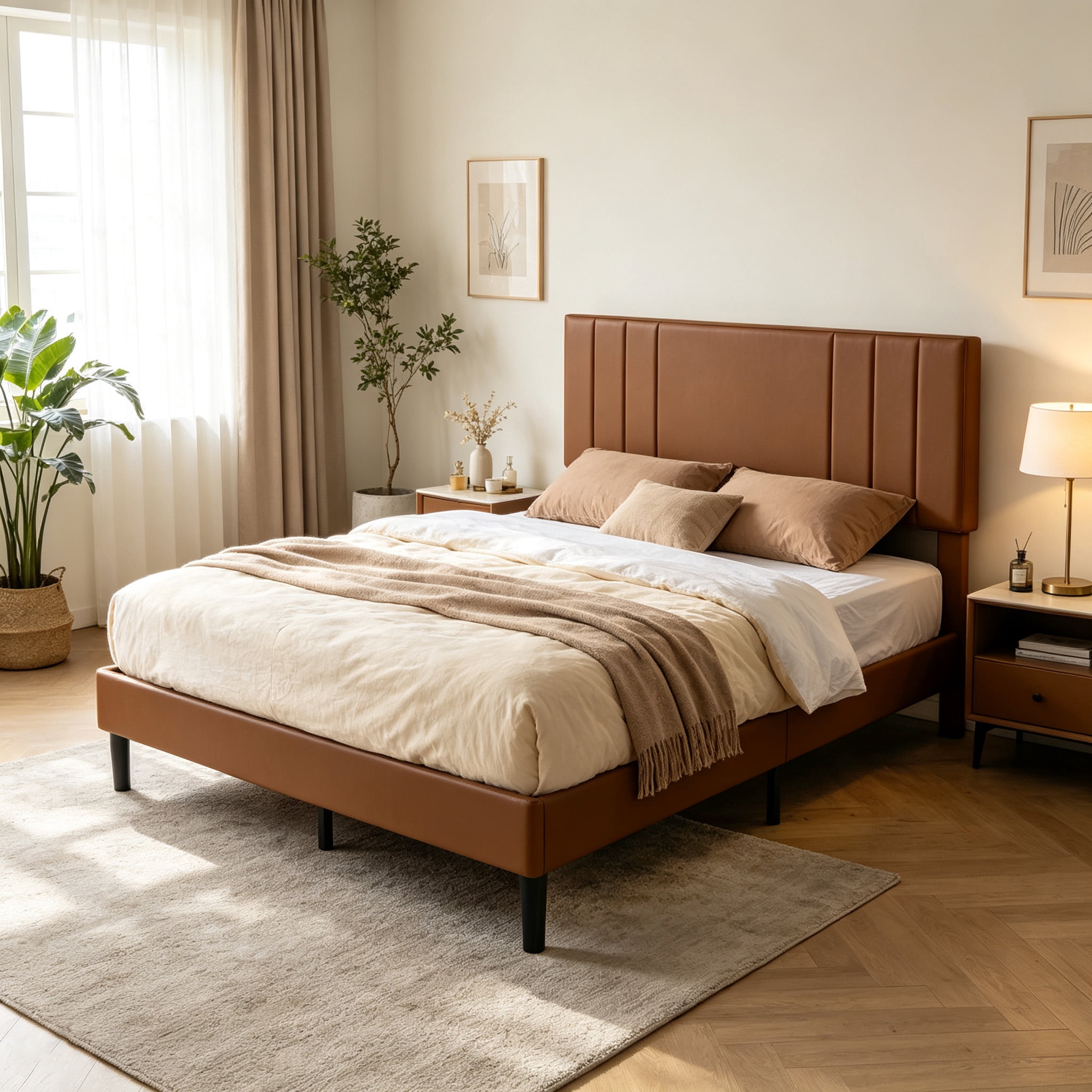 Gewnee Full Size Bed Frame,Platform Bed with Upholstered Headboard,Modern Accent Bedroom Furniture,No Box Spring Needed,Brown PU